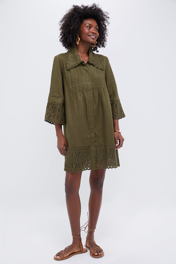 Army Green Linen Eyelet Delphine Dress