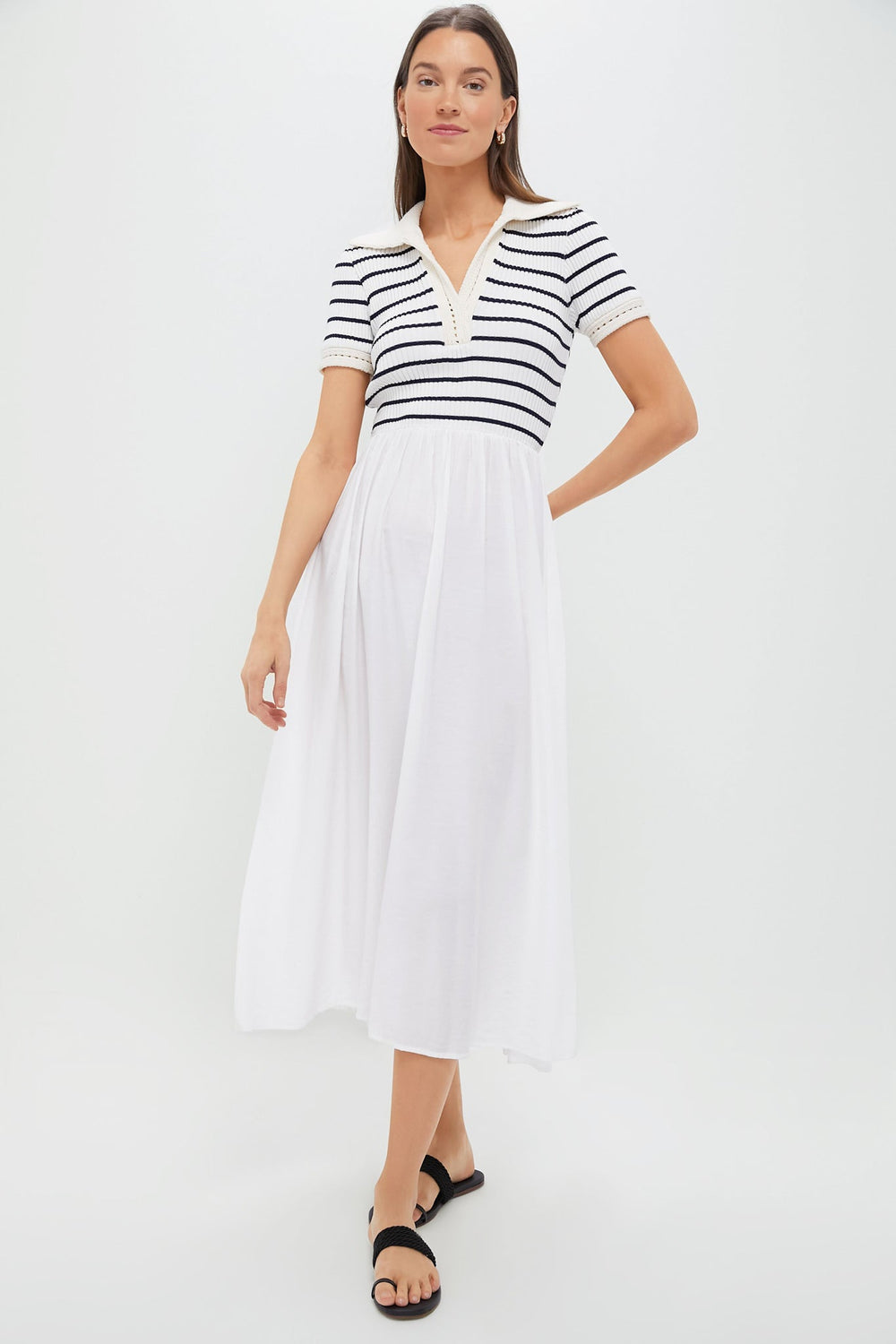 Ivory Striped Polo Midi Dress