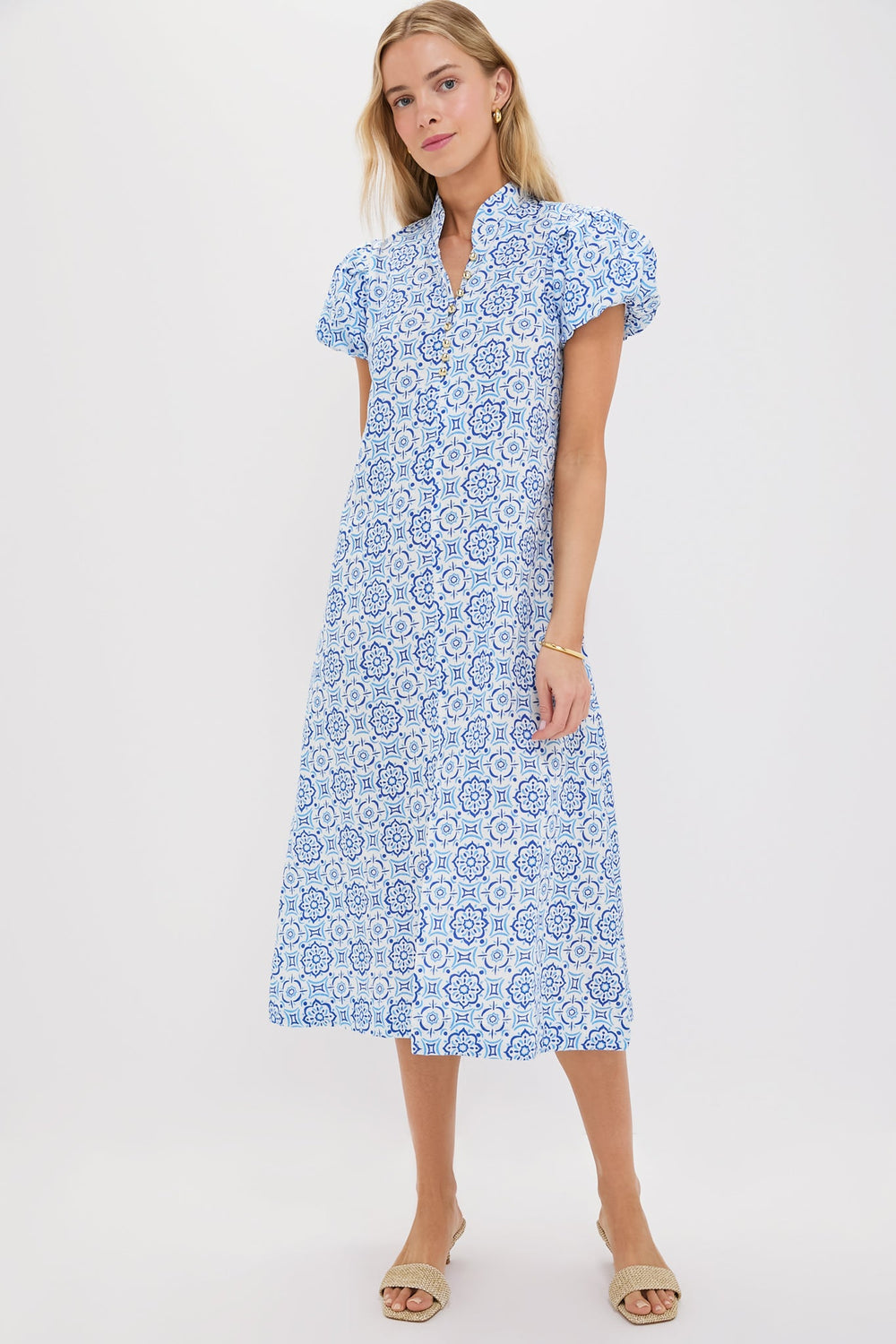 Blue Medallion Puff Sleeve Button Midi Dress