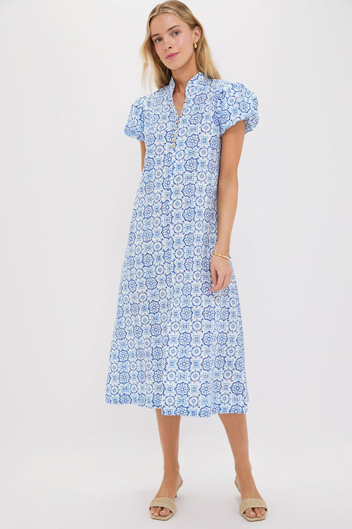 Blue Medallion Puff Sleeve Button Midi Dress