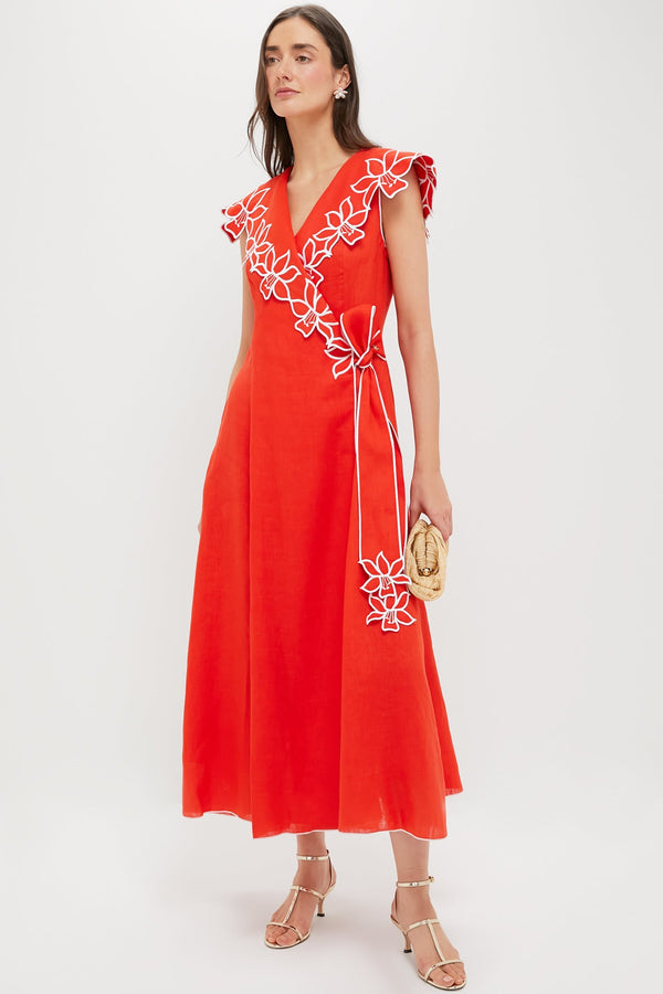 Red and White Embroidery Tessa Midi Dress