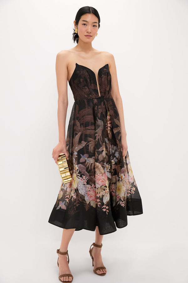 Black Tropical Illuminate Draped Midi Dress