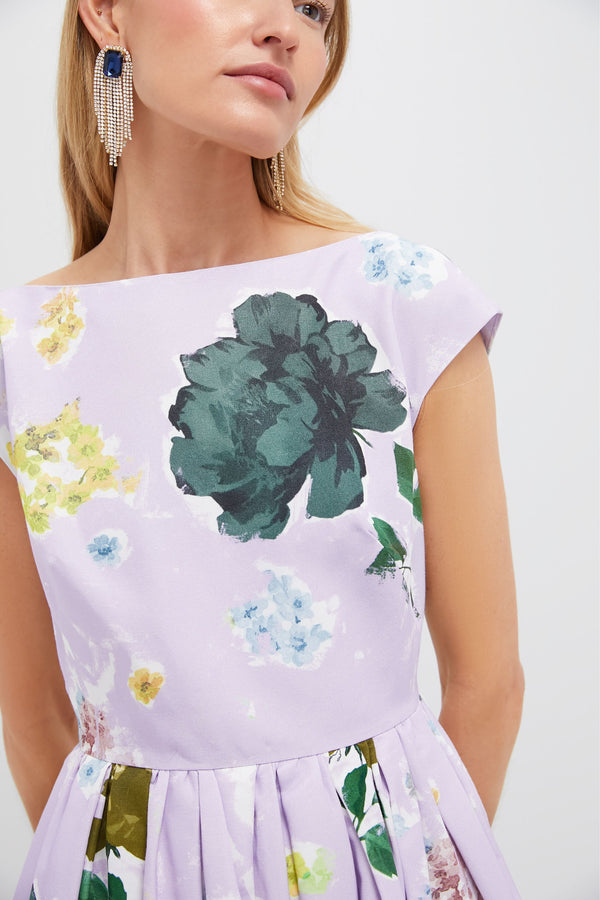 Margot Floral Lilac Boat Neck Full Skirt Midi Dress