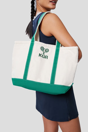 Green Embroidered Tennis Racket Boat Tote
