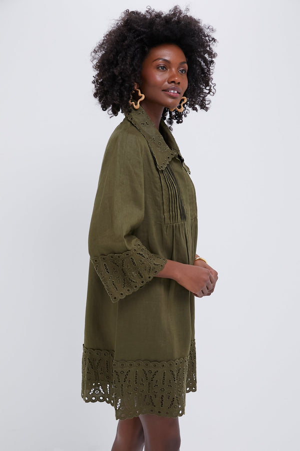 Army Green Linen Eyelet Delphine Dress