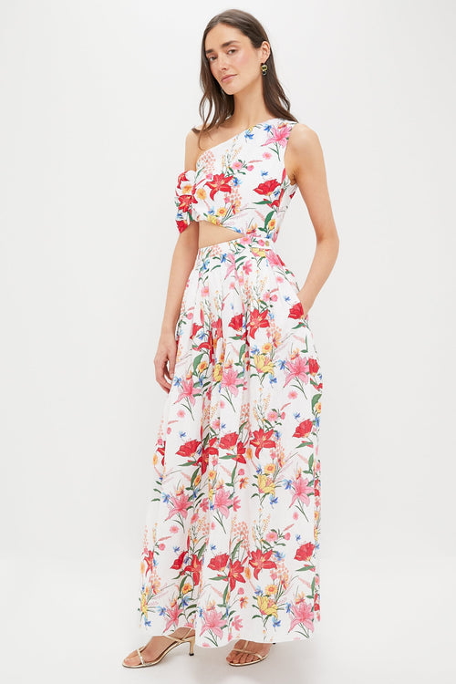 White & Coral Floral Sophia Maxi Dress
