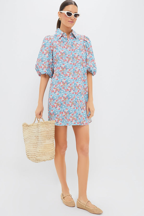 Blue & Coral Vines Cassidy Mini Shirt Dress