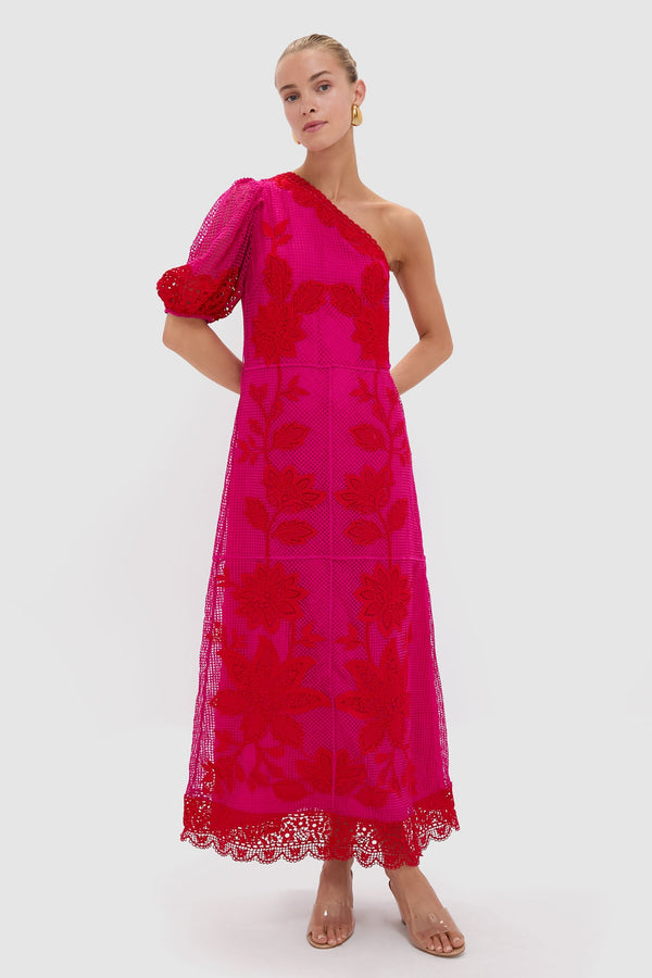 Red Guipuire Bicolor One Shoulder Maxi Dress