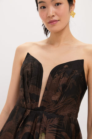 Black Tropical Illuminate Draped Midi Dress