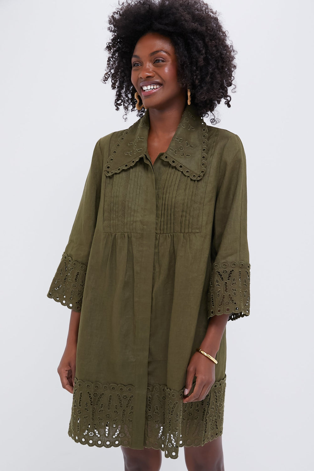 Army Green Linen Eyelet Delphine Dress