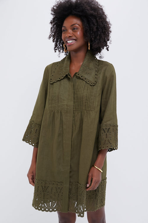 Army Green Linen Eyelet Delphine Dress