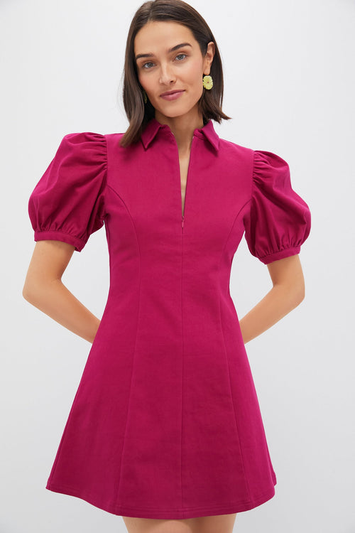 Raspberry Front Zip Denim Mini Dress