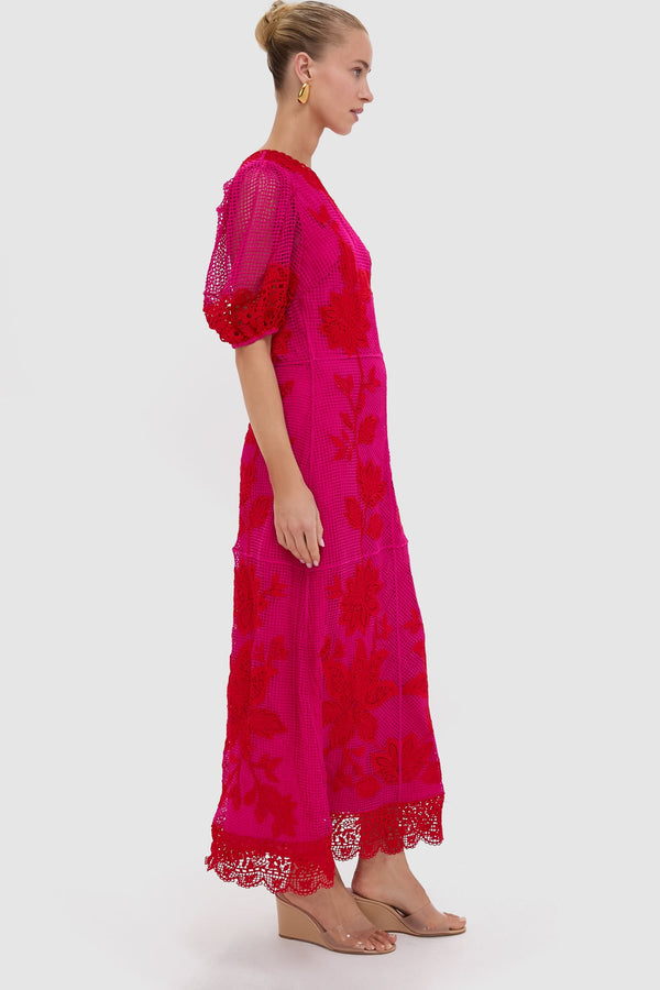 Red Guipuire Bicolor One Shoulder Maxi Dress