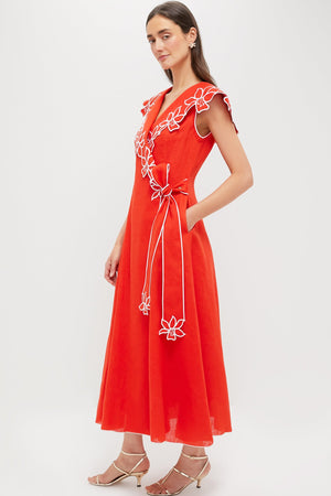 Red and White Embroidery Tessa Midi Dress