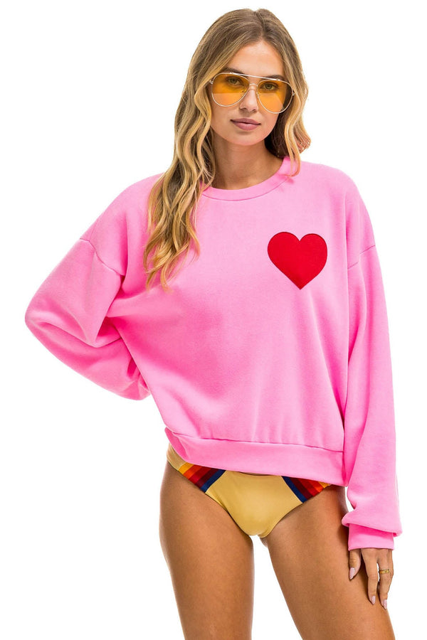 HEART STITCH RELAXED CREW SWEATSHIRT - NEON PINK