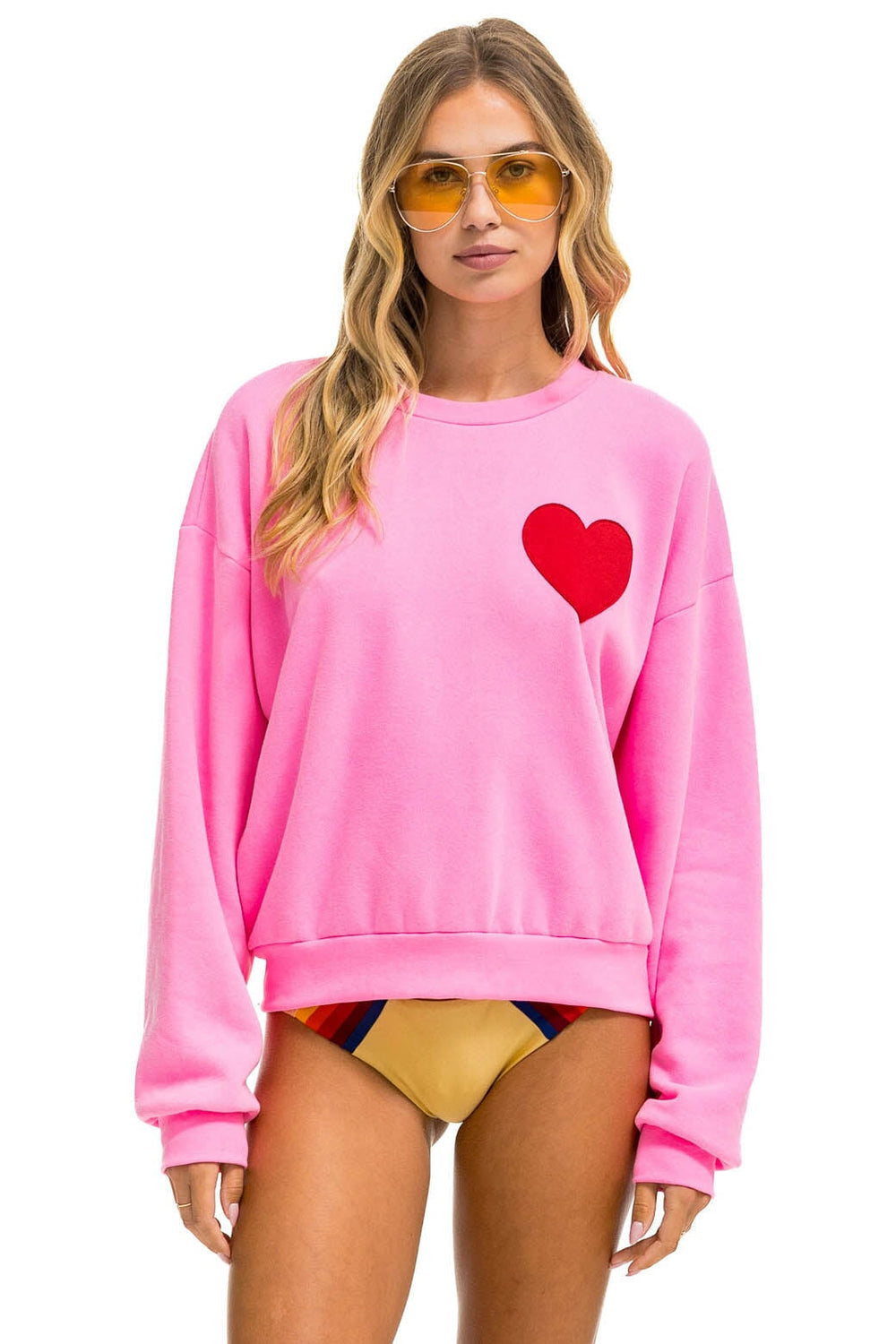 HEART STITCH RELAXED CREW SWEATSHIRT - NEON PINK