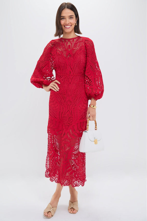 Red Nature Guipure Midi Dress