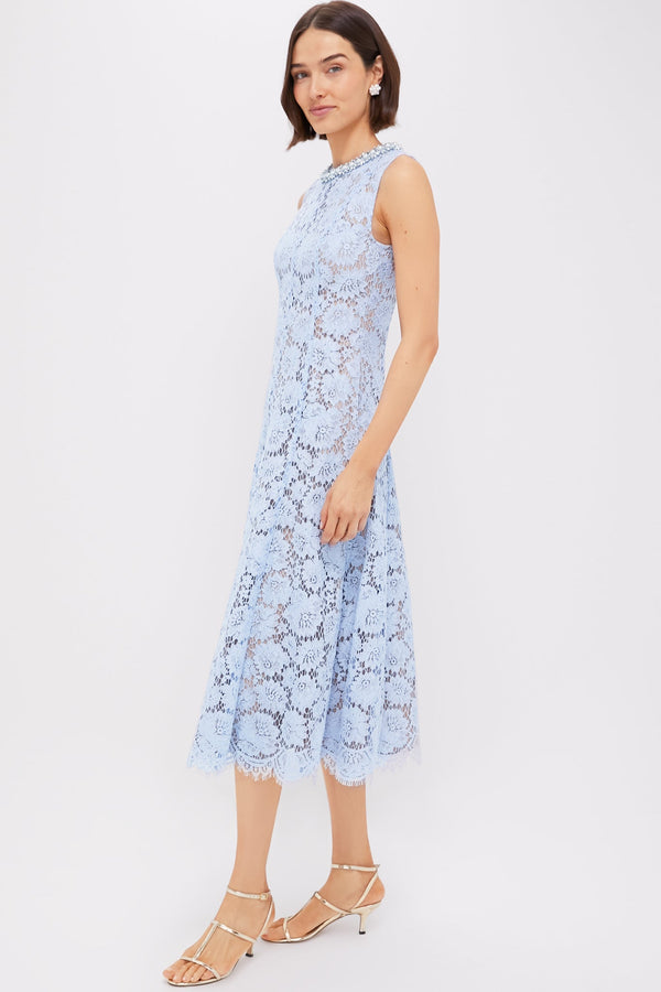 Blue Fine Lace Pearl Midi Dress