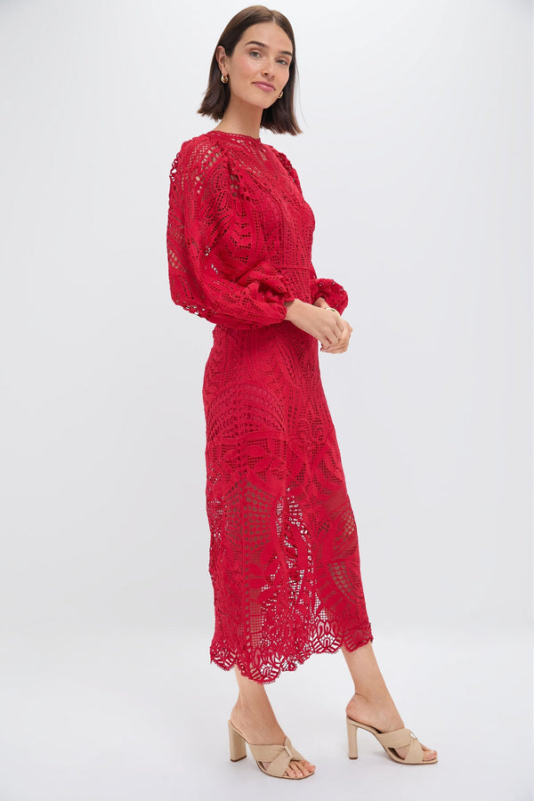 Red Nature Guipure Midi Dress