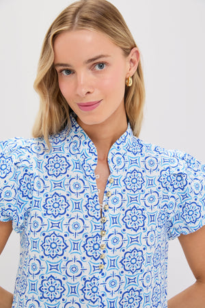 Blue Medallion Puff Sleeve Button Midi Dress