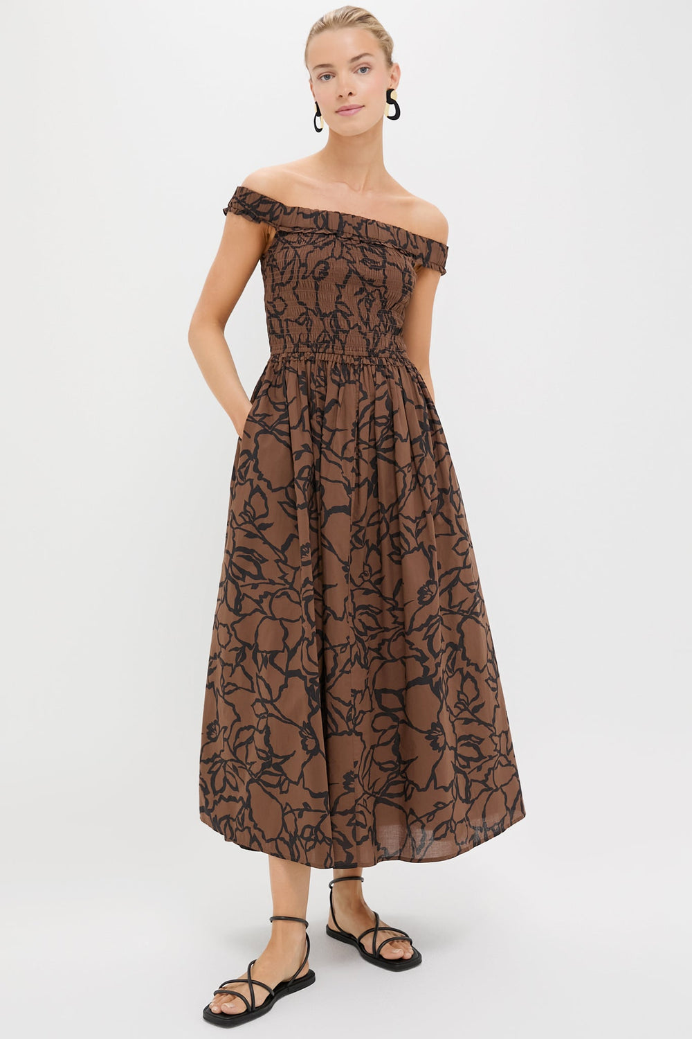 Large Lace Floral Chocolate Britt Off-Shoulder Maxi