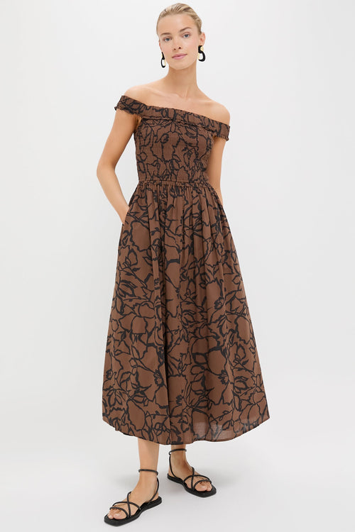 Large Lace Floral Chocolate Britt Off-Shoulder Maxi