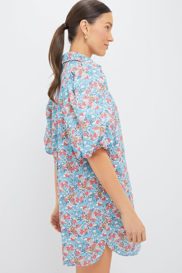 Blue & Coral Vines Cassidy Mini Shirt Dress