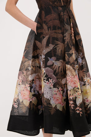 Black Tropical Illuminate Draped Midi Dress