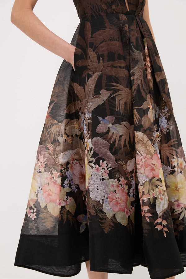 Black Tropical Illuminate Draped Midi Dress