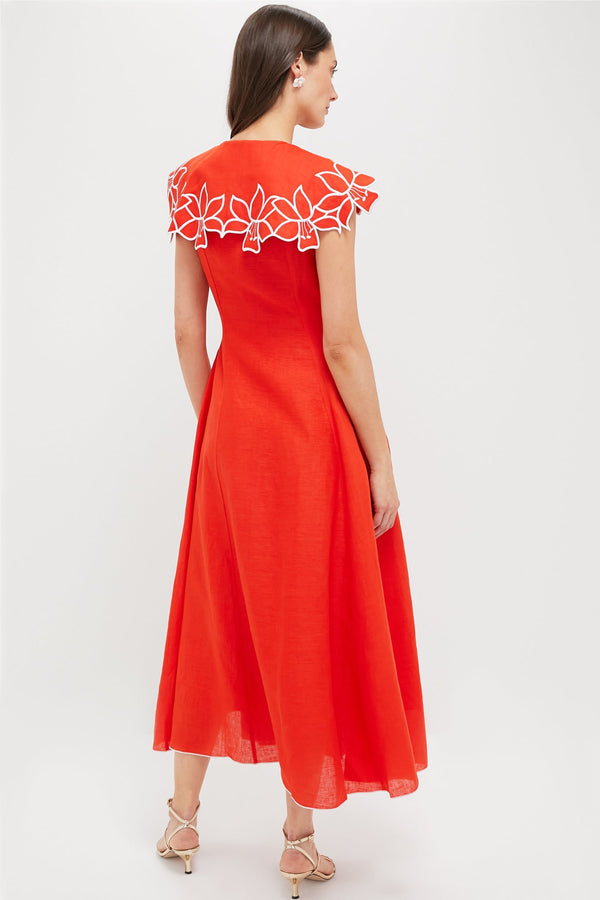 Red and White Embroidery Tessa Midi Dress