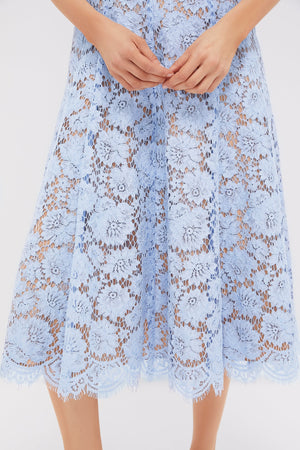 Blue Fine Lace Pearl Midi Dress