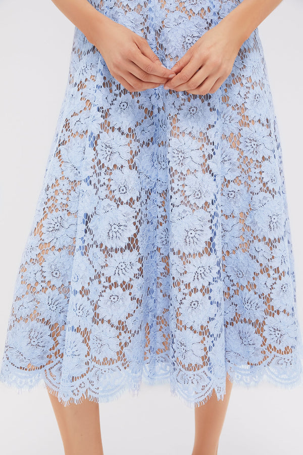 Blue Fine Lace Pearl Midi Dress