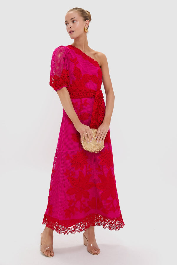 Red Guipuire Bicolor One Shoulder Maxi Dress