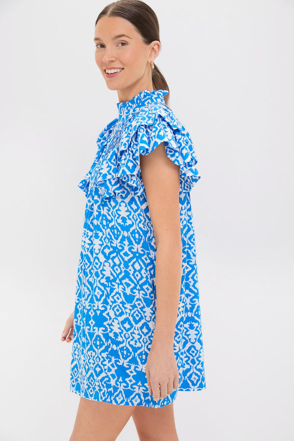 Blue & White Geo Ruffle Sleeve Simmons Mini Dress