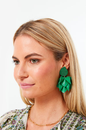 Kelly Green Silk and Leather Orchid Earrings