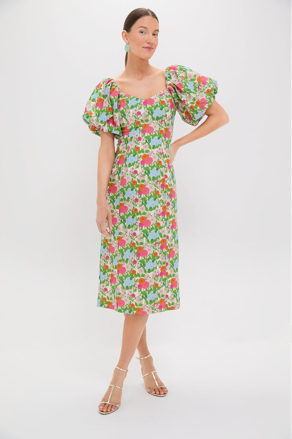 Green Multi Begonia Floral Sallie Midi Dress