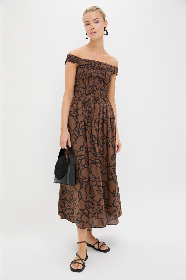 Large Lace Floral Chocolate Britt Off-Shoulder Maxi