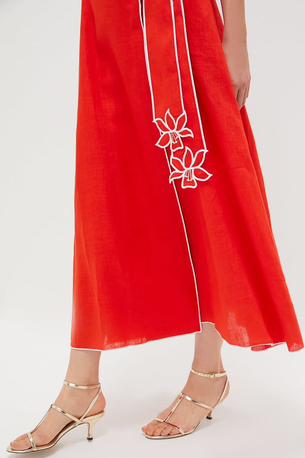 Red and White Embroidery Tessa Midi Dress