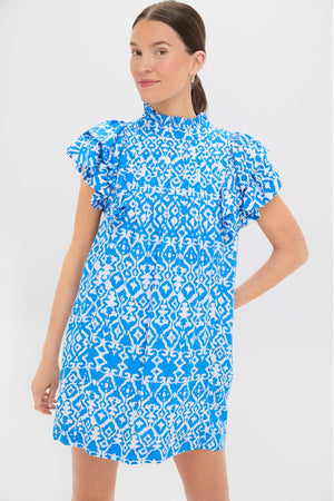 Blue & White Geo Ruffle Sleeve Simmons Mini Dress