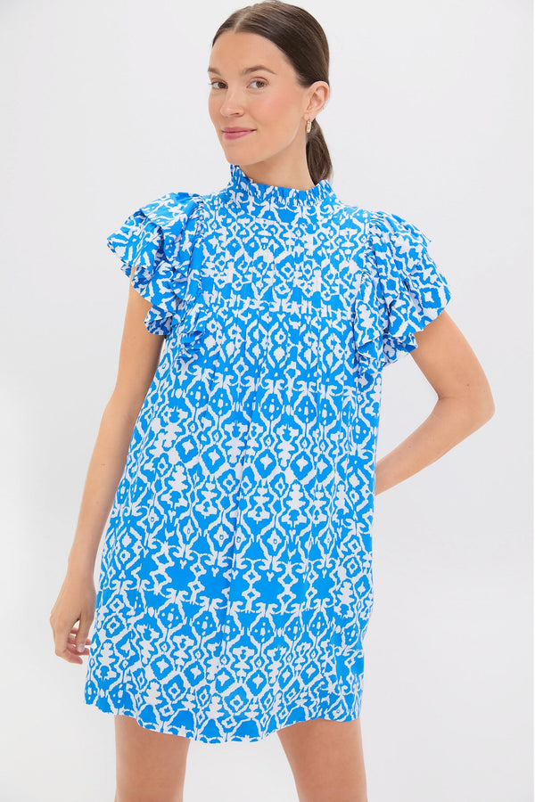 Blue & White Geo Ruffle Sleeve Simmons Mini Dress