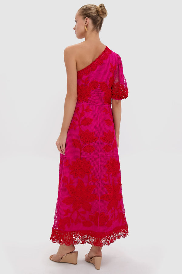 Red Guipuire Bicolor One Shoulder Maxi Dress