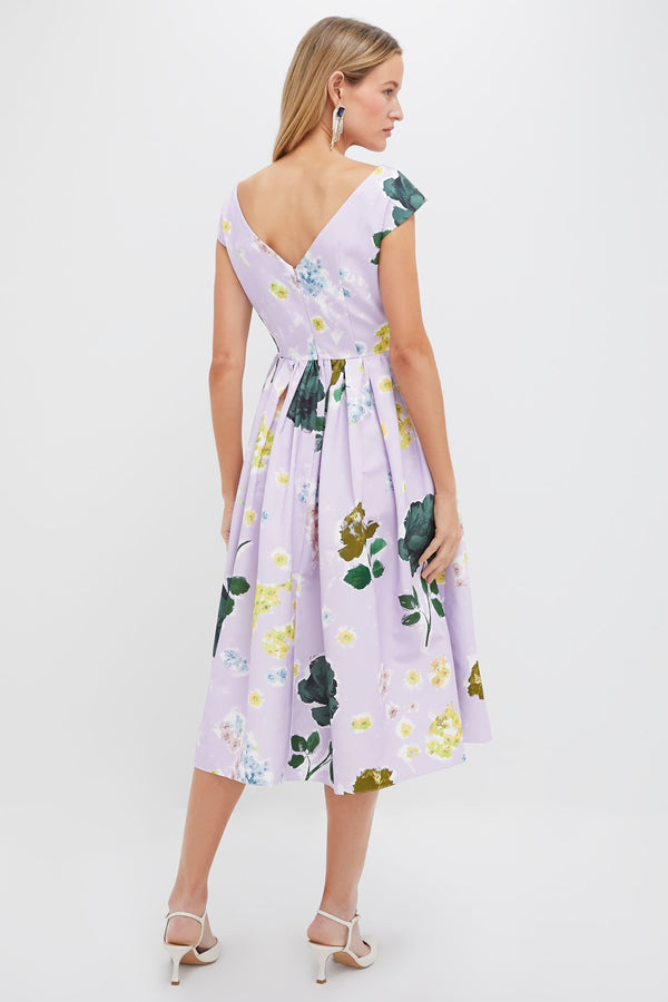 Margot Floral Lilac Boat Neck Full Skirt Midi Dress