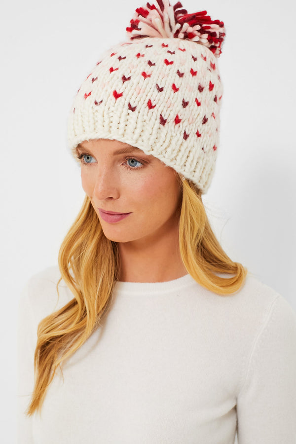 Lollipop Red Hand Knitted Multi Mini Heart Pompom Hat