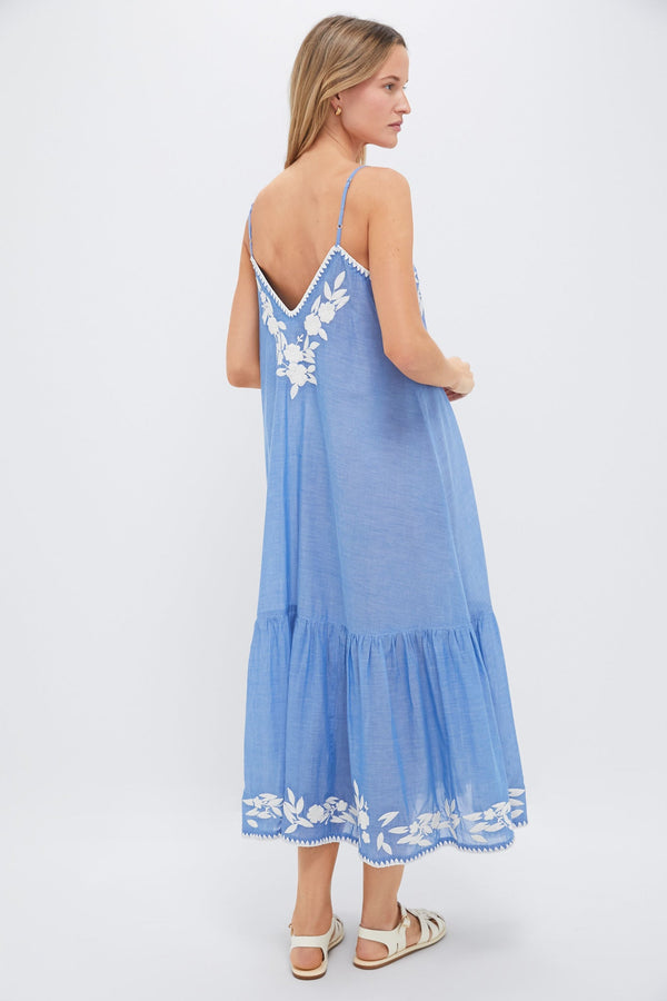 Denim and Cream Chambray V-Neck Midi Dress