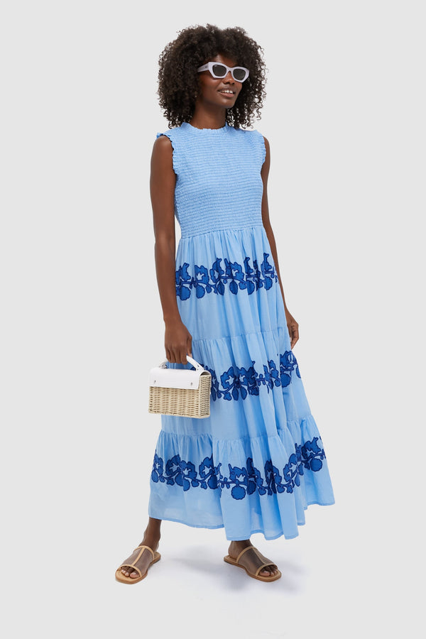 Exclusive Tangier Blue Sleeveless Smocked Maxi Dress
