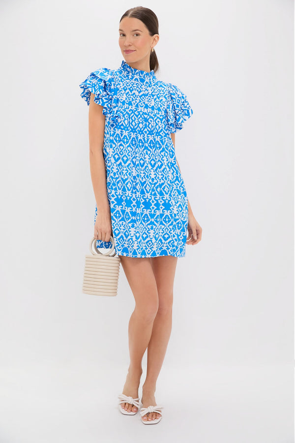 Blue & White Geo Ruffle Sleeve Simmons Mini Dress