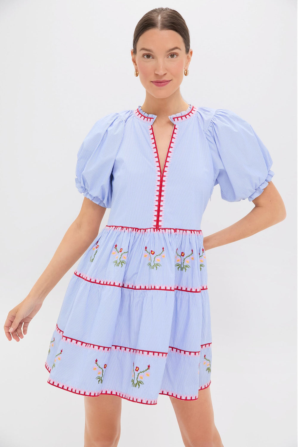 Blue Pinstripe Embroidered V-Neck Lillian Mini Dress