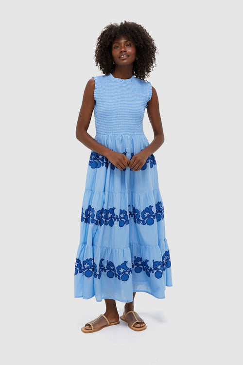 Exclusive Tangier Blue Sleeveless Smocked Maxi Dress
