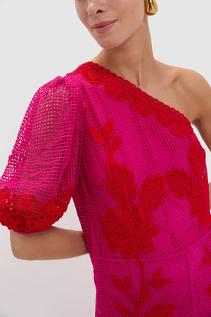 Red Guipuire Bicolor One Shoulder Maxi Dress