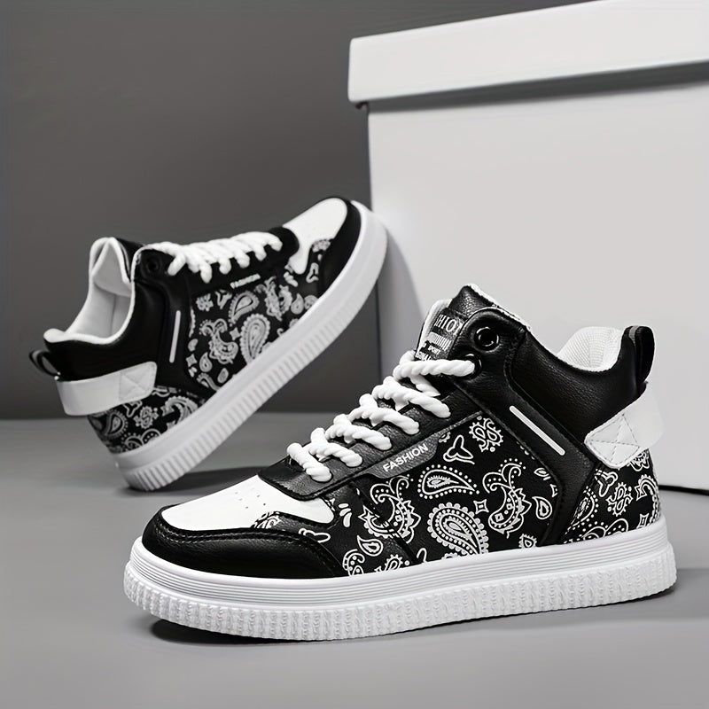 Men's Paisley Motif Skate Shoes - Good Grip, Breathable Lace-Up Sneakers